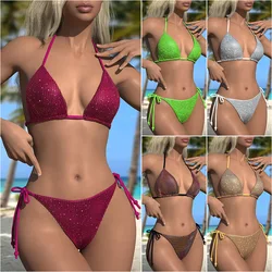 Women Sexy Shiny Sequin Bikini Set Halter Strap Bra Pleats Panties Suits Female 2-piece Bikini Set Fashion Shining Swimsuit Suit