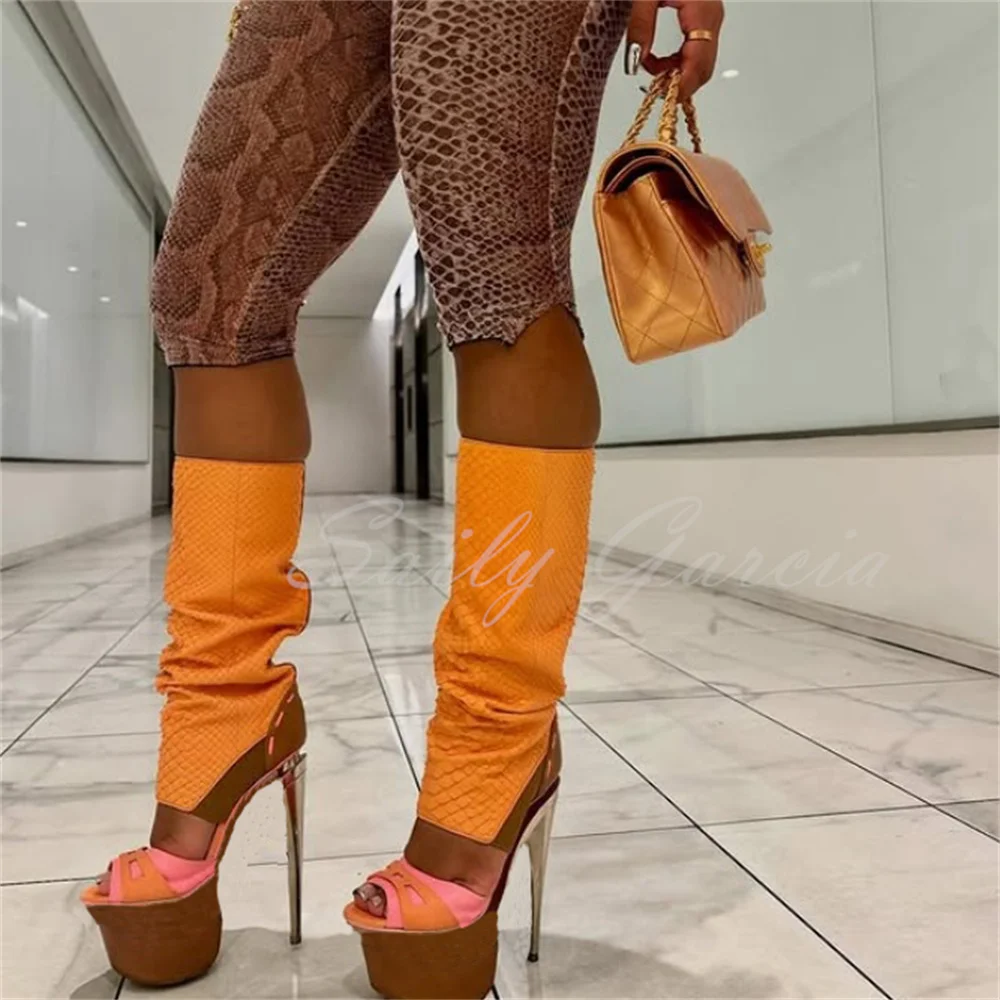 

Multicolor Platform Knee High Boot Women Sexy Open Tor Stiletto Heel Slip On Summer New High Heel Sandals Trendy Long Boot