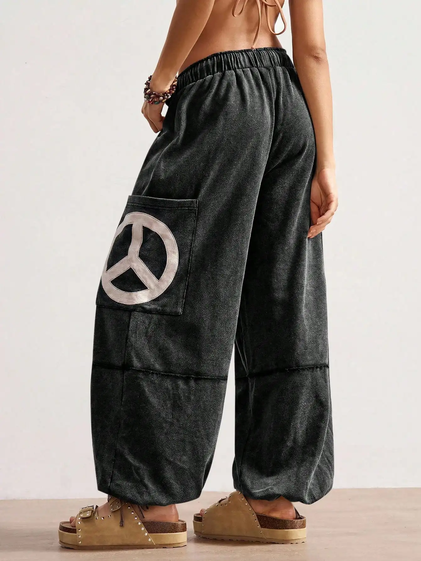Peace Sign Embroidered Knit Pants, Solid Drawstring Loose Casual, Vacation Y2K Wide Leg Trousers for Women