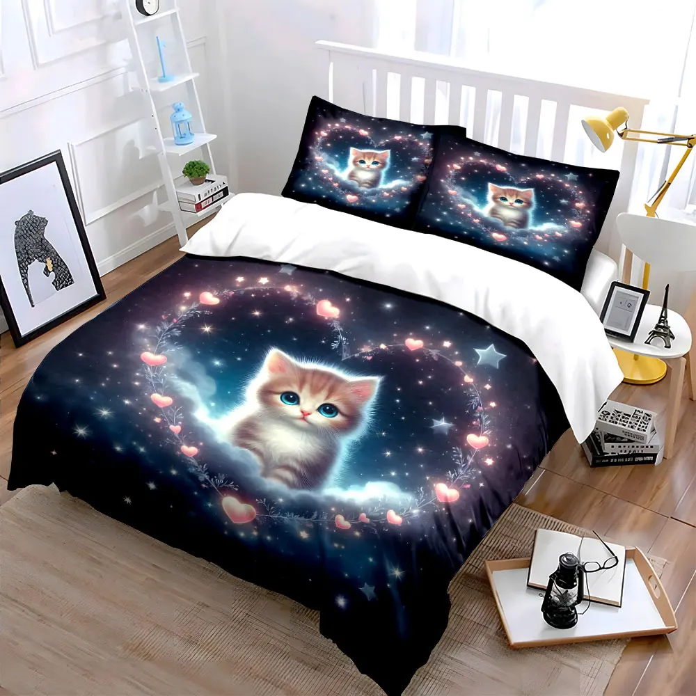 Cute kitten in dreamy starlight Bedding Set for Kids Luxury Gift 3pcs Digital Print Comforter Set Soft Comfortable Breathable