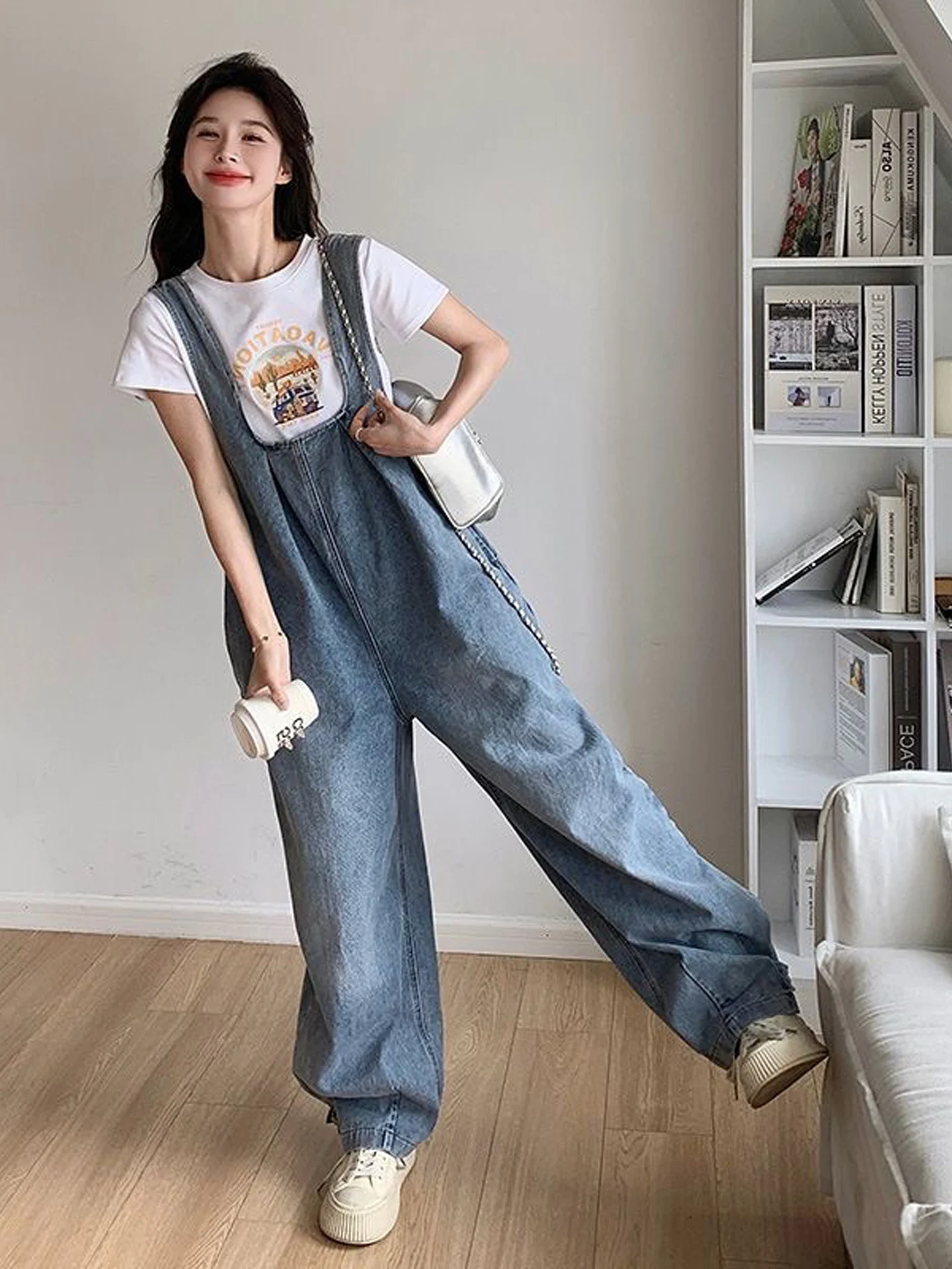 Korean Style Loose Wide Leg Denim Overalls Women's Autumn Anti Aging Commuting Simple Personality Drop Sense Pant Suit