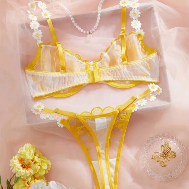 Doce floral renda lingerie conjunto para mulher fada amarelo bordado sutiã e calcinha define luxo íntimo erótico bela roupa interior