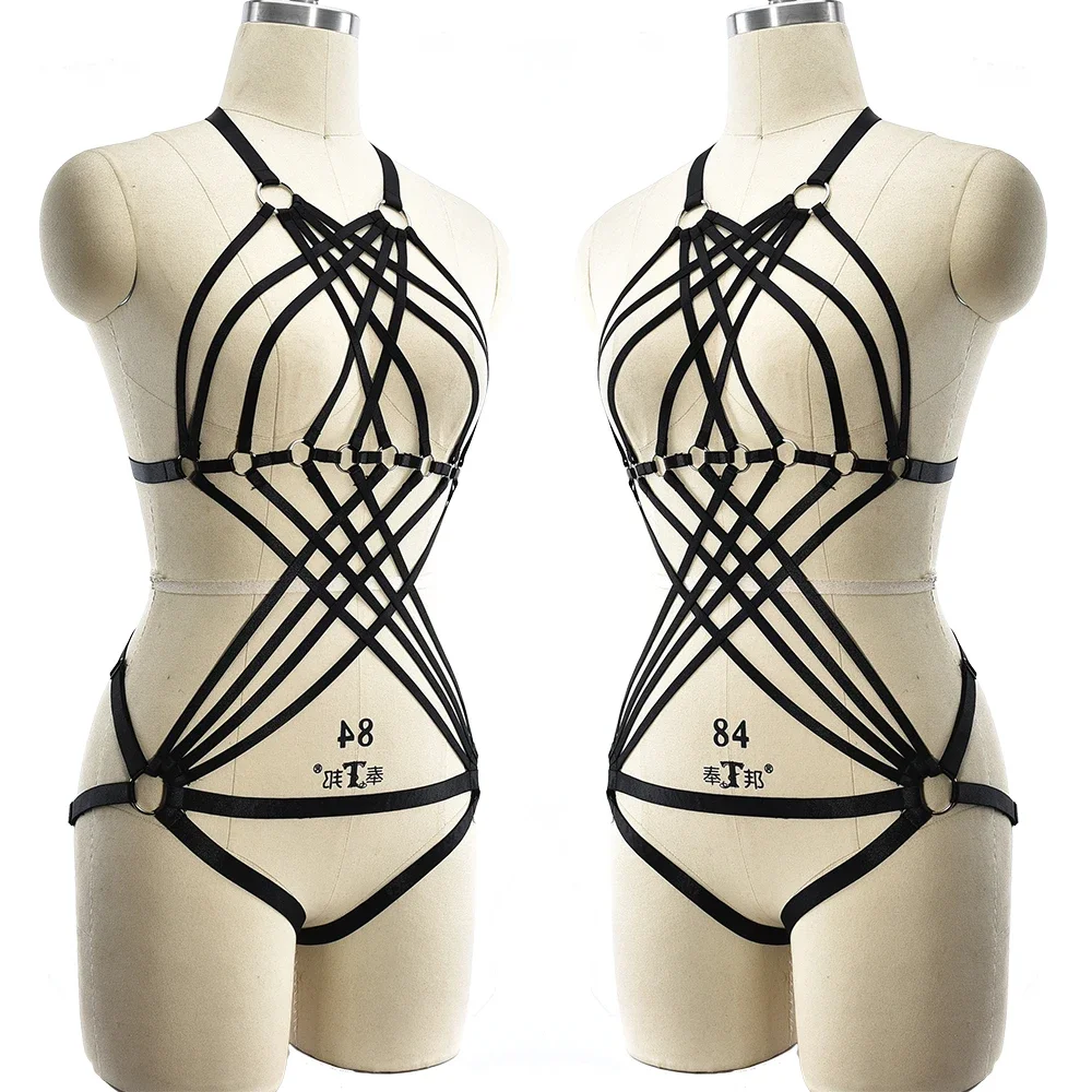 Women Lingerie Harness Set Black Sexy Bodysuit Goth pants Garter Belt Open Chest Bra Punk Bondage Erotic Harness Body Belt
