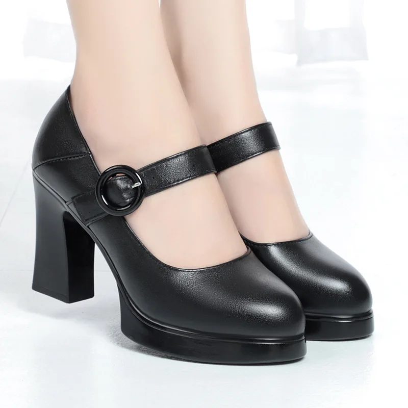Cowhide Women's High Heel Shoes With Heels Platform Mary Jane Shoes Women Pumps Office Work Shoe High Quality Women's Shoes