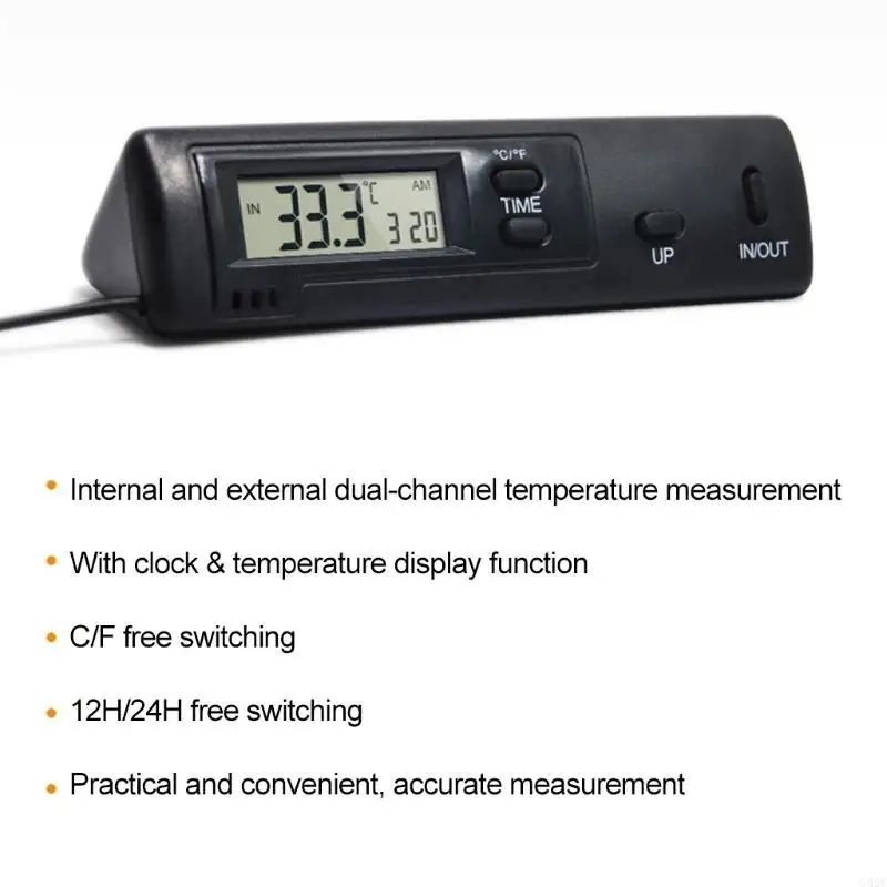 G92C In-Out LCD Thermometer and Clock ℃/℉ 12/24H for Automotive Car Home Refrigerator