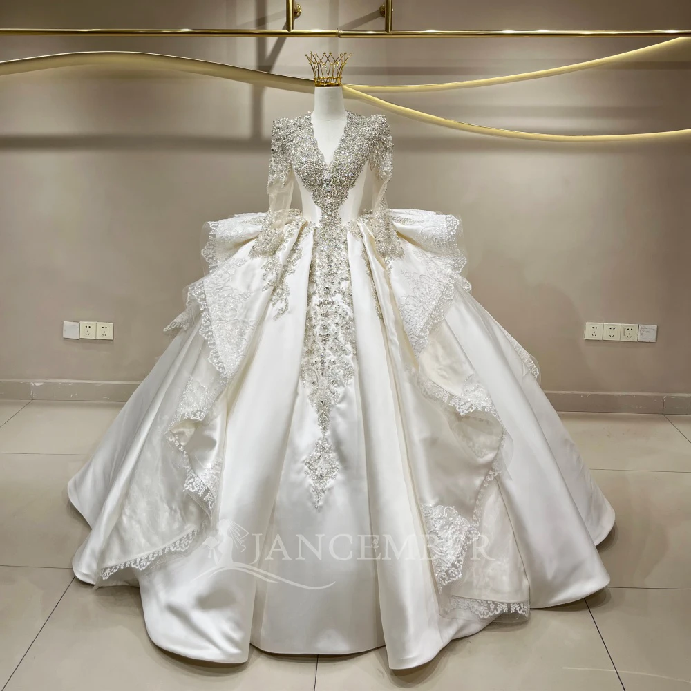 

Ball Gown Royal Wedding Dresses For Women Crystal V-neck Vestido De Novia Satin Matte Satin Ruffles Custom Made Bridal Gowns