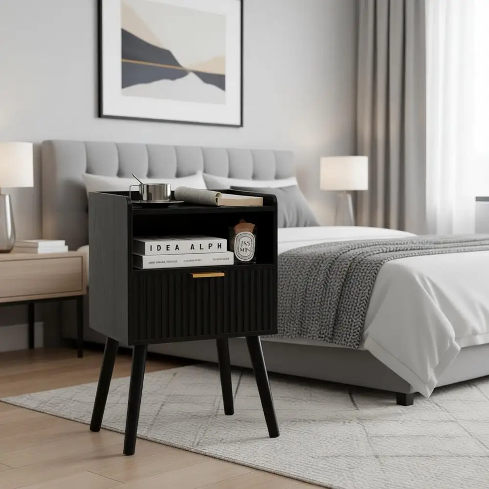 

Прикроватная тумбочка из массива дерева с местом для хранения для спальни, гостиной и небольших помещений - черная