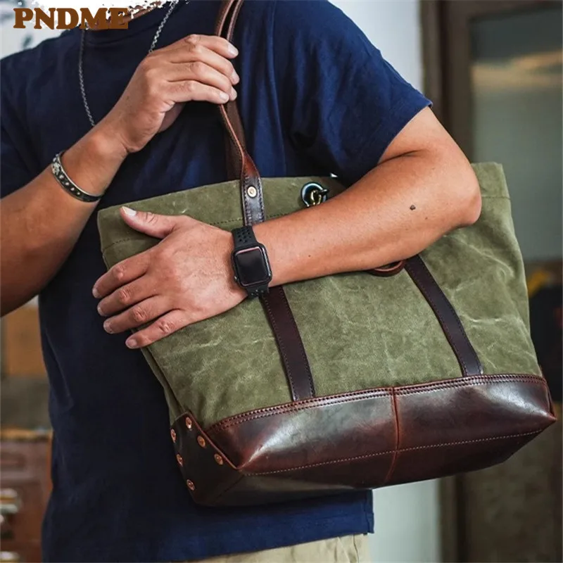 PNDME projektant wysokiej jakości płótno prawdziwej skóry męska damska torba z grubej bawełny moda Retro luksusowa torebka do pracy torba na ramię na zewnątrz