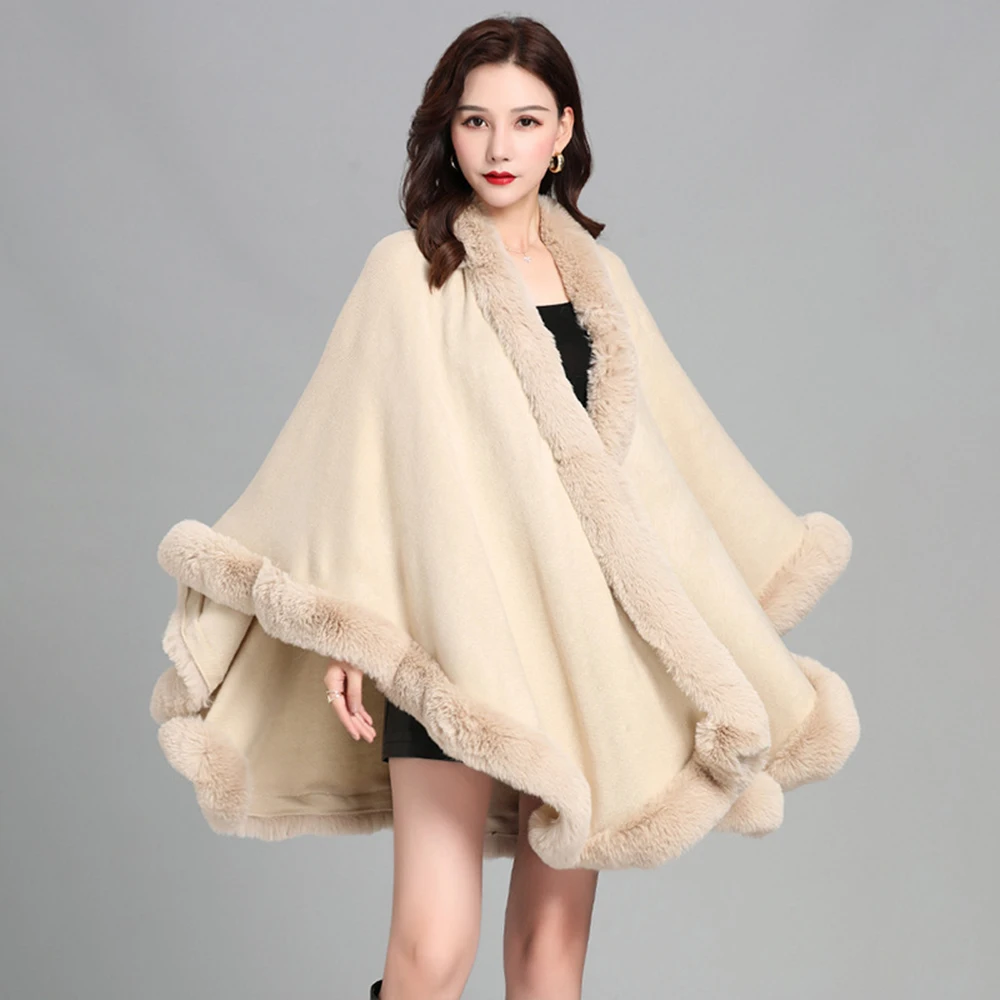 Winter Long Warm Women's Luxurious Cape Coat Cloak Faux Fur Cape Coat Adult Wrap Shrug Rabbit Fur Poncho Overcoat Outer Wear