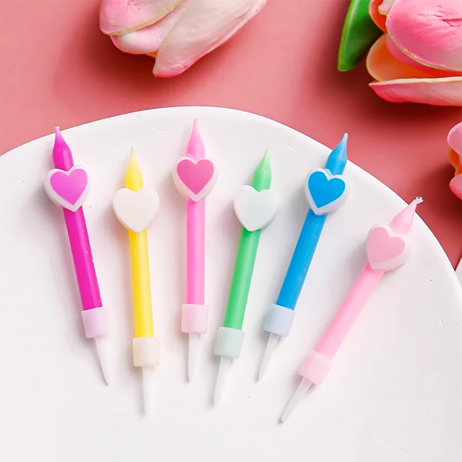 6PCS Creative Straight Rod Love Flower Decoration Cake Candle Children's Year One Valentine's Day Party Baking Plugin