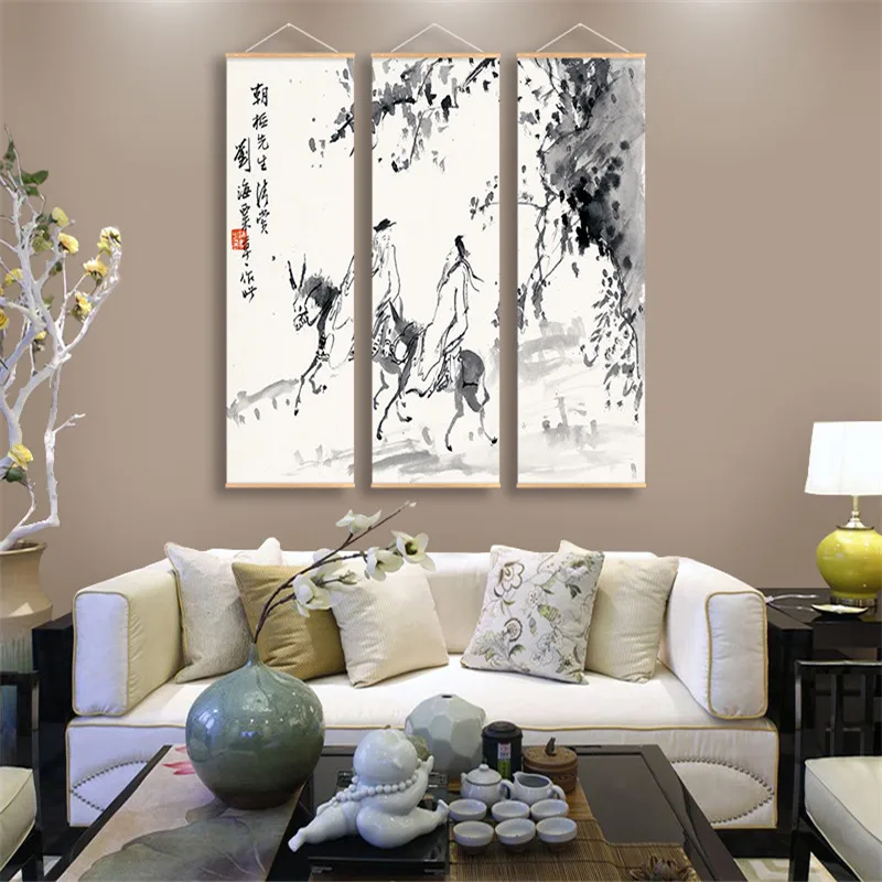 Classic Panda Tree Mountain Wall Picture Scroll Poster Vintage White And Black Chinese Calligraphy Ink Scroll Canvas Painting