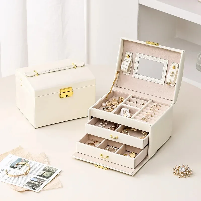 

High-End Multi-Layer Drawer-Type Jewelry Box Household Large Capacity Earring Storage Organizer with Mirror