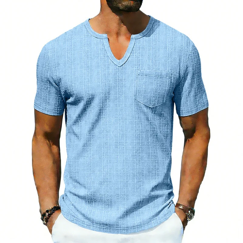 Cross-border loose men's summer breathable bamboo casual Hawaiian beach V-neck short-sleeved T-shirt