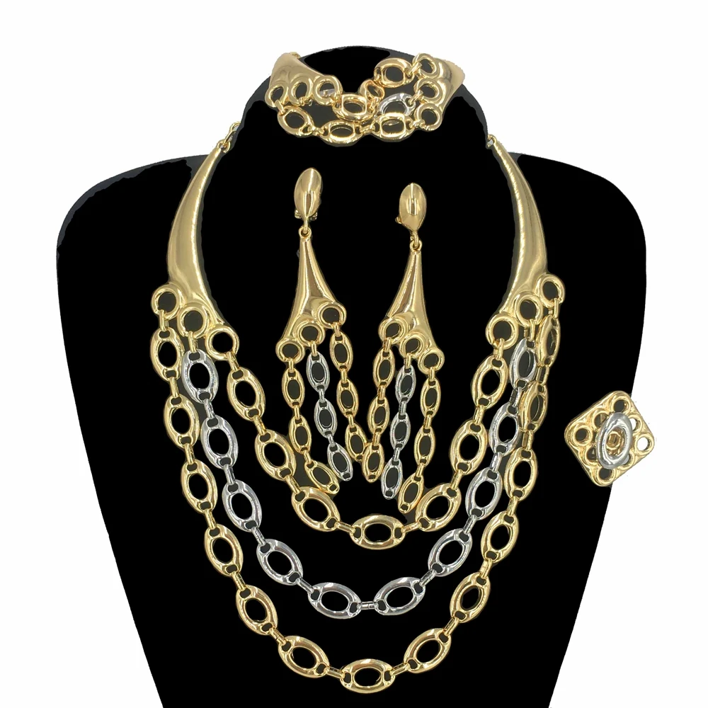 Unique Multi-layer Chain Necklace Women Bold Party Jewelry Newest Dubai Gold Plated Jewelry Set FHK16025