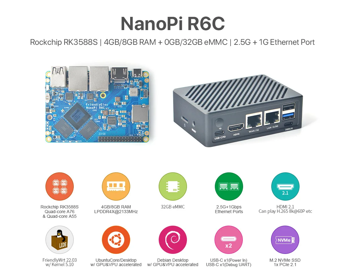 

[NanoPi R6C Development Board] 2.5G+Gigabit, RK3588, 8G+32GB, Support 8K, SSD Expansion