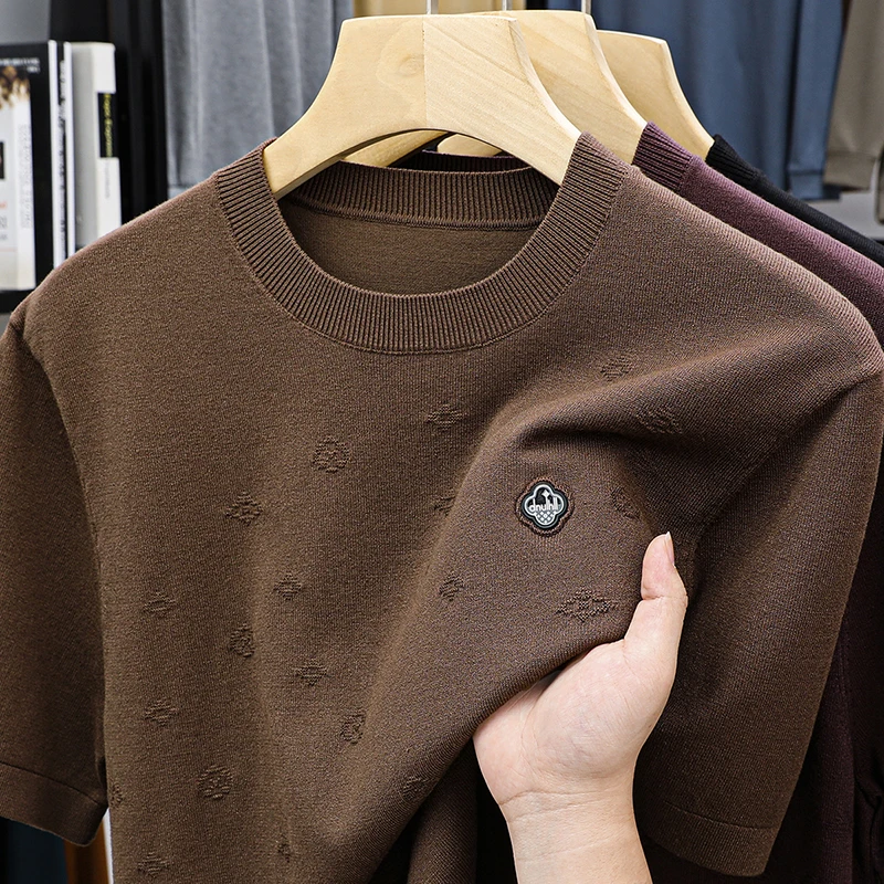 

Knitted Wool Sweater Men's Short Sleeved T-shirt Spring and Autumn Youth Round Neck Short Sleeved Sweater Top Clothing