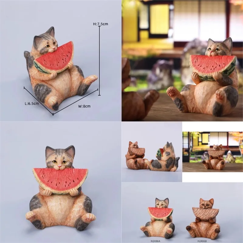 JXK Simulation Harz Tier Modell Holzschnitt Katze Essen Wassermelone Kleine Katze Kreative Figur Desktop Ornament Spielzeug Figuren
