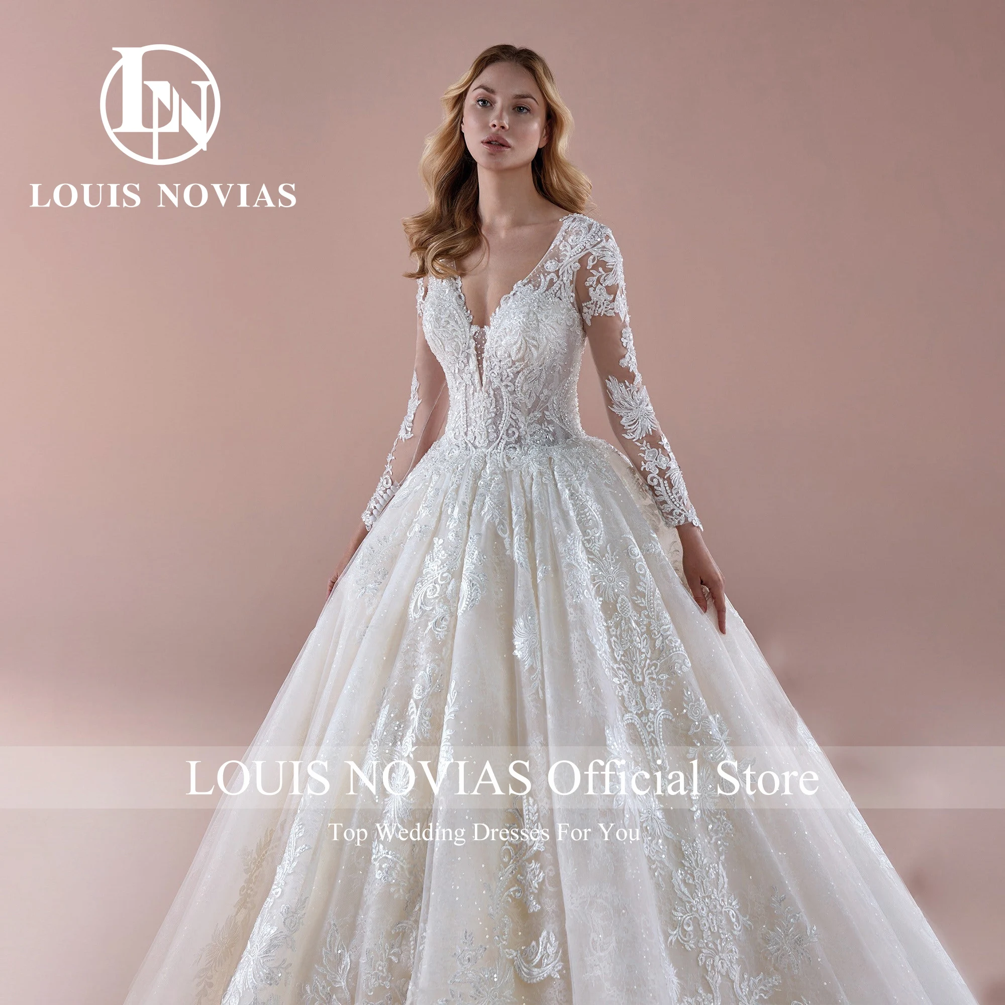 LOUIS NOVIAS Long Sleeve Wedding Dress 2024 Luxury Ball Gown Wedding Gown Elegant V-Neck Princess Bride Dress Vestidos De Novia