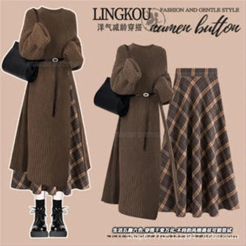 Autumn/Winter Retro Set Women's Korean Style Knitted Wool Skirt+High Waist Slimming Plaid Half Skirt Two Piece Set image 3