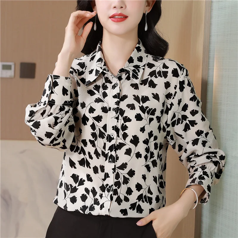 Satin Vintage Women\'s Shirts Spring/summer Prints Blouses Loose Long Sleeves Women Tops Fashion Clothing 2024 Korean