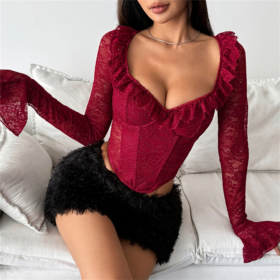 Becirzet Sexy Dessous Damen Spitzenkorsett Transparentes Schlankes Langarm-Mesh-Top Push-Up Bauchkontrolle Knochen-Bustier – Detail 19