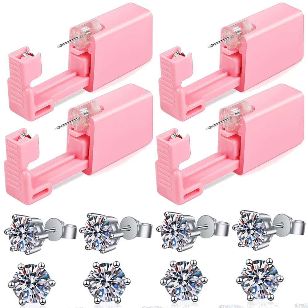 Pink Ear Piercing Gun Kit Disposable Aseptic Household Portable Ear Piercing Gun Group Ear Piercing Tools with Crown Cz