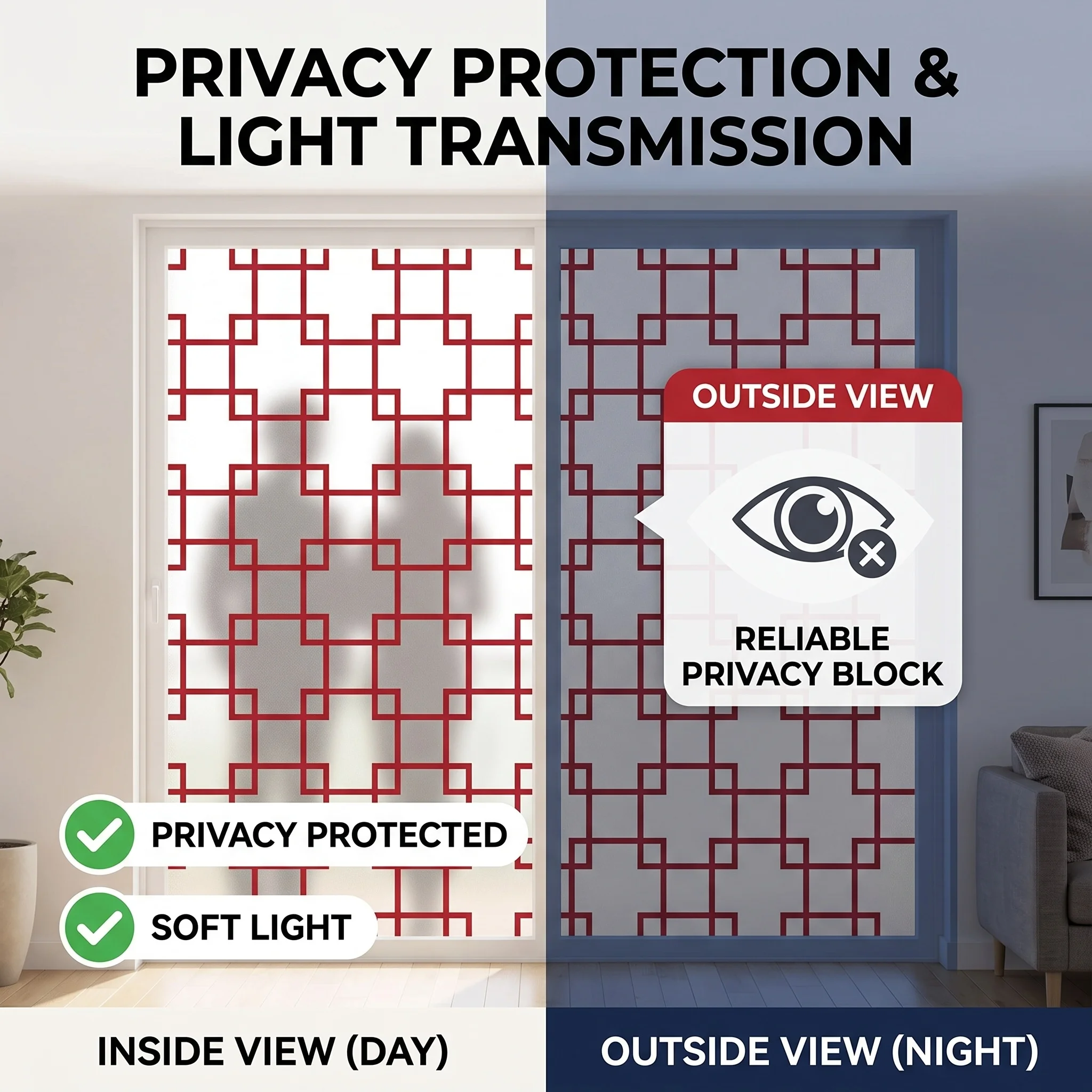 Reddish-Brown Frosted PVC Window Film Self-Adhesive Chinese Lattice Privacy Protection Maze Grid Design Removable No Residue