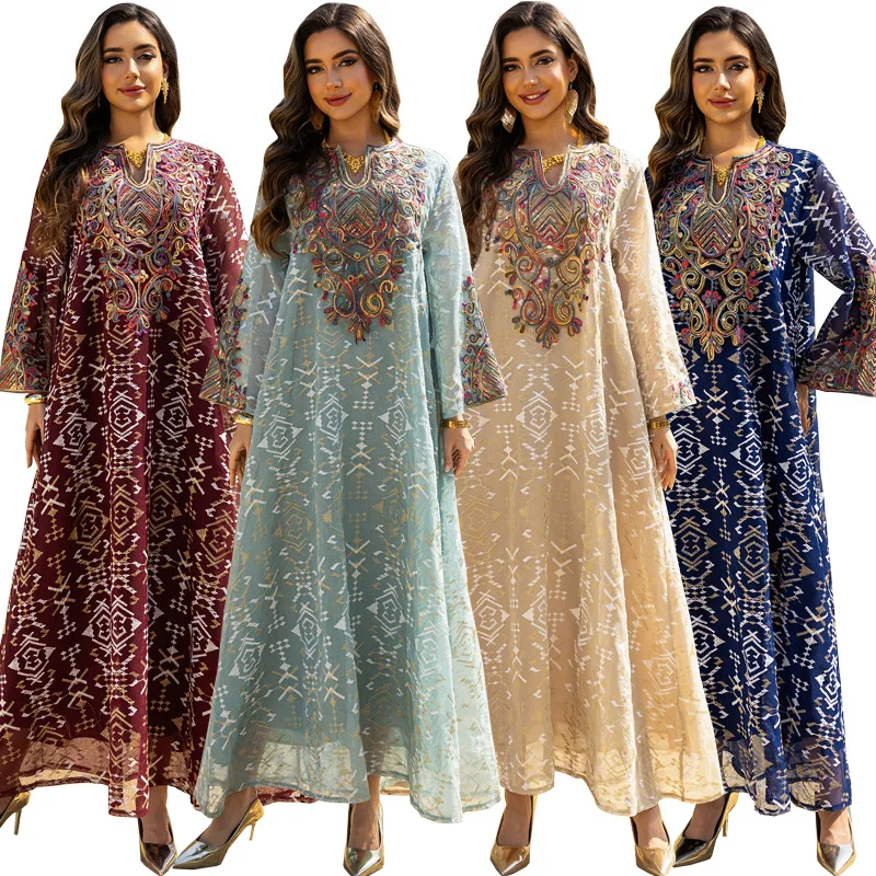 Abaya muçulmano Jalabiya moda malha bordada emendada ​ ​ Robe Médio Oriente Mulheres Vestido de Noite Mangas Compridas Vestidos de Festa