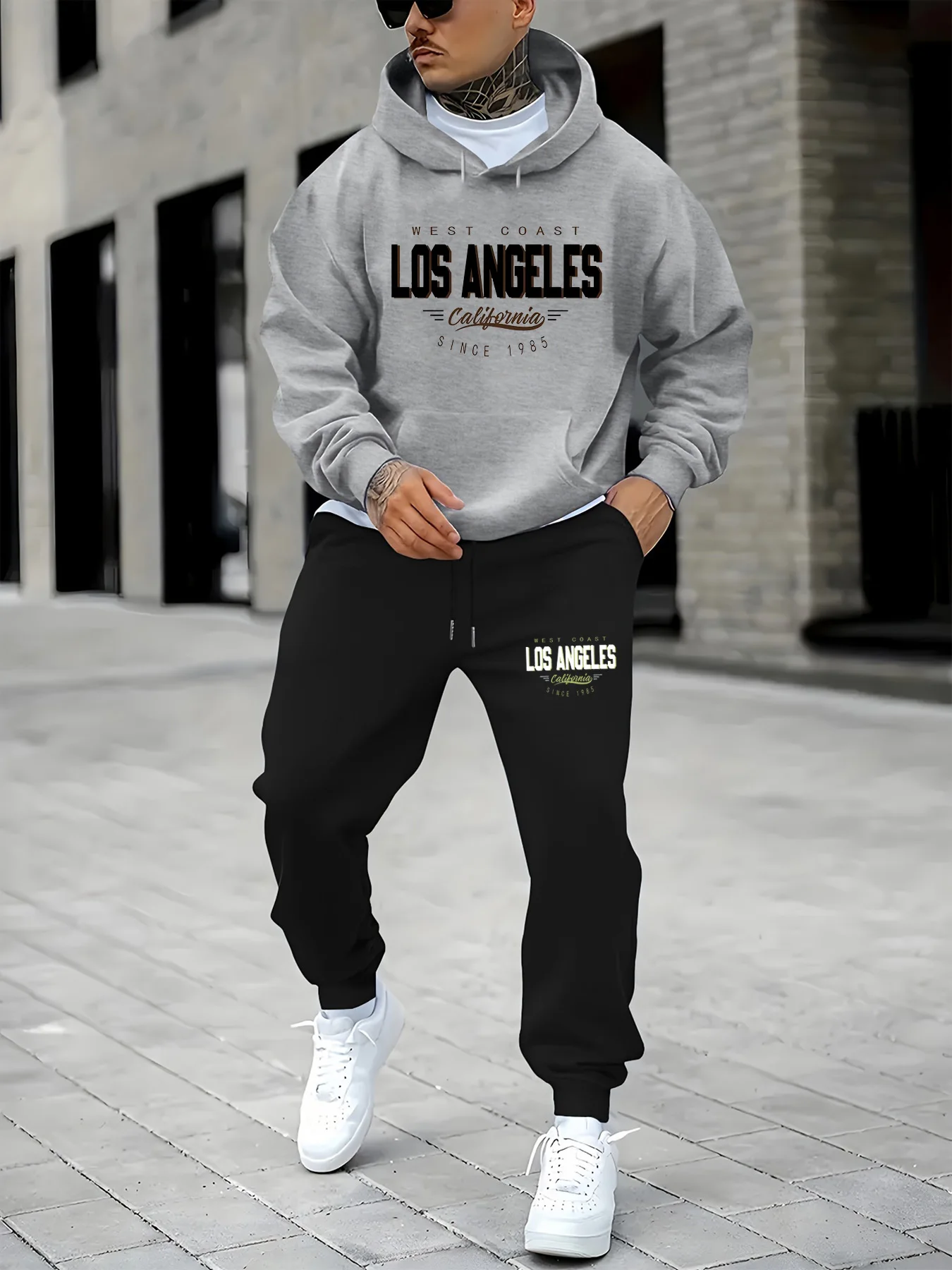 Conjunto de sudadera con capucha y pantalones de chándal gruesos, sueltos y afelpados, con estampado de patrón de la costa oeste de Los Ángeles, California, ideal para el otoño e invierno, de estilo informal y cálido para hombre.