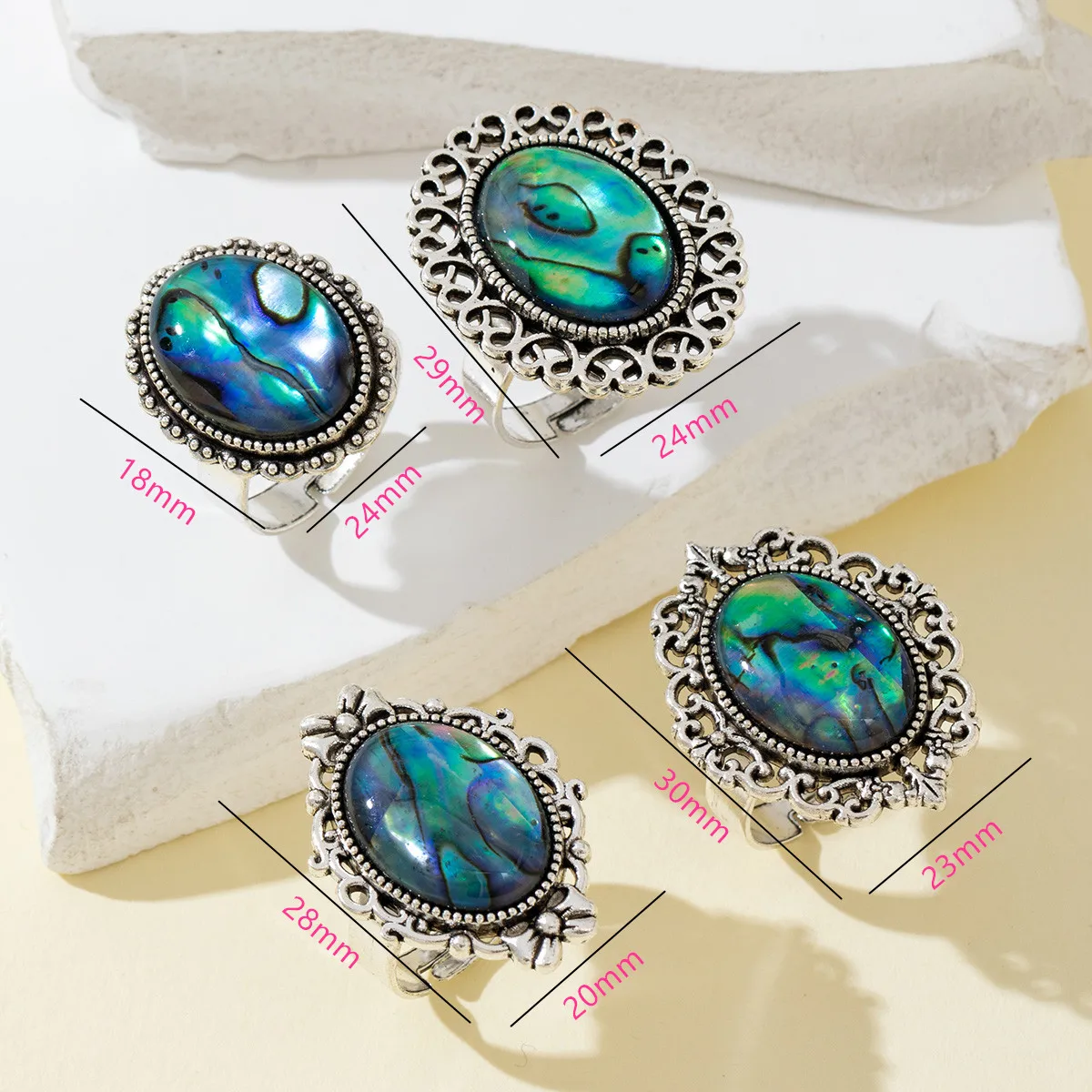 Natural Abalone Shell Oval Ring Vintage Hollow Floral Frame Adjustable Open Band Boho Ethnic Finger Ring for Women Daily Wear