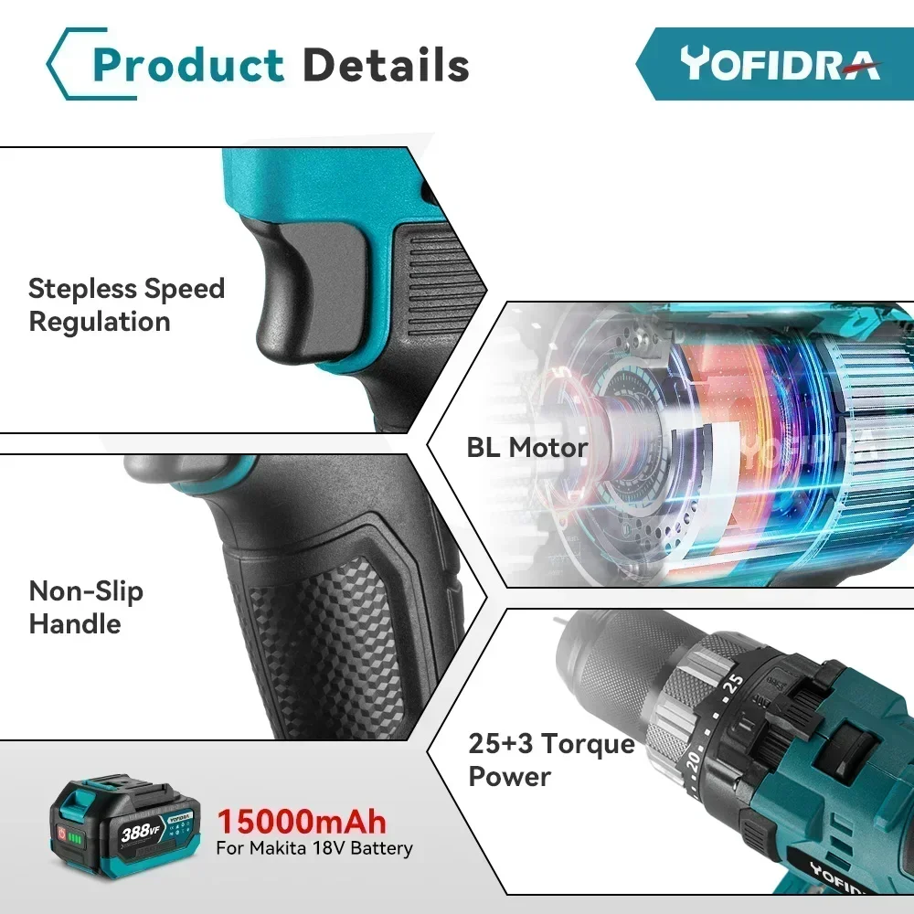 Yofidra 13MM 650N.m Brushless Electric Drill Cordless Rechargeable Electric Screwdriver Ice Breaking Tools For Makita 18VBattery