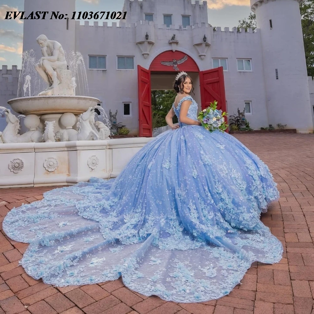 

EVLAST Glitter Sky Blue Floral Quinceanera Dress Ball Gown Applique Beaded Corset Sweet 16 Vestidos De 15 Anos Customized SQ795
