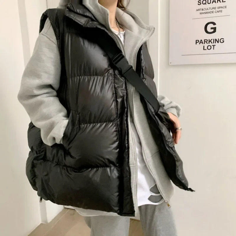 

New Women Vest Solid Standing Collar Cotton Jacket Female Vests Sleeveless Woman Coat Autumn Winter Loose Zipper Vest with Bag