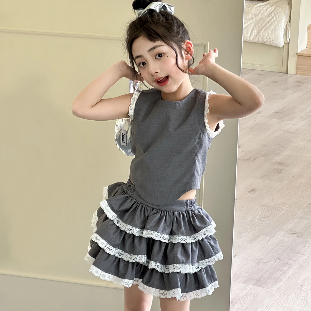

Girls' Sleeveless Vest Set 2025 New Parent-child Clothing Children's Lace Cake Skirt Two-piece Set Fashion