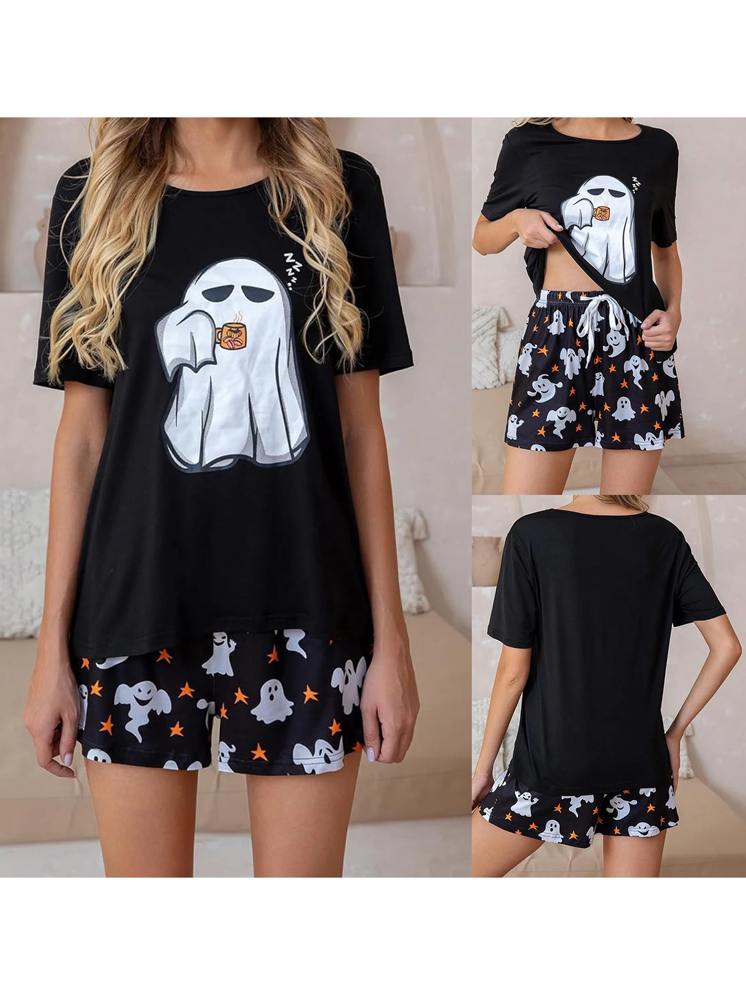Women s Halloween Costume 2 Piece Set Adorable Short Sleeve Printed T-Shirt Shorts Lounge Wear Outfit for Fall