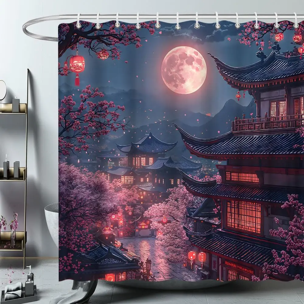 Cortina de ducha de Anime japonés, flor de cerezo, luna llena, lago, paisaje de montaña, flor rosa, flor asiática Oriental, país de las Maravillas estrelladas