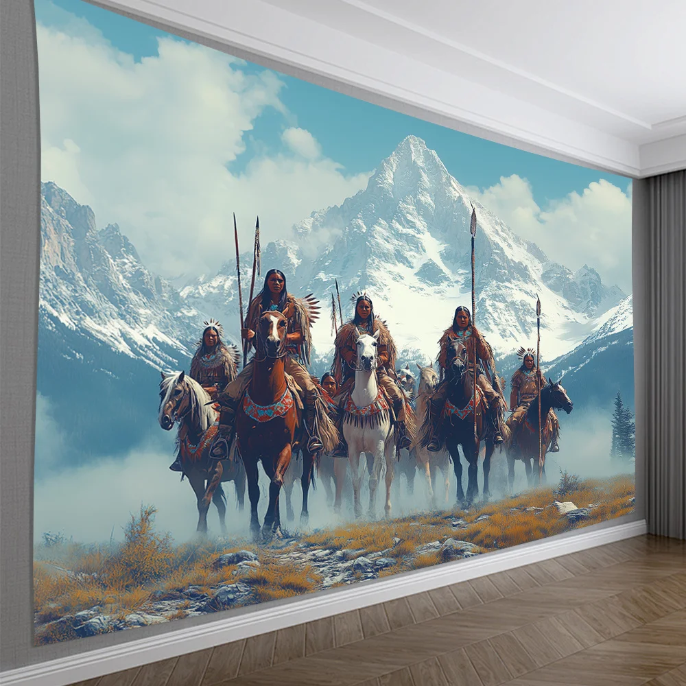 Epic Mountain Tapestry: Native Warriors on Horseback for a Dramatic Living Room Decor