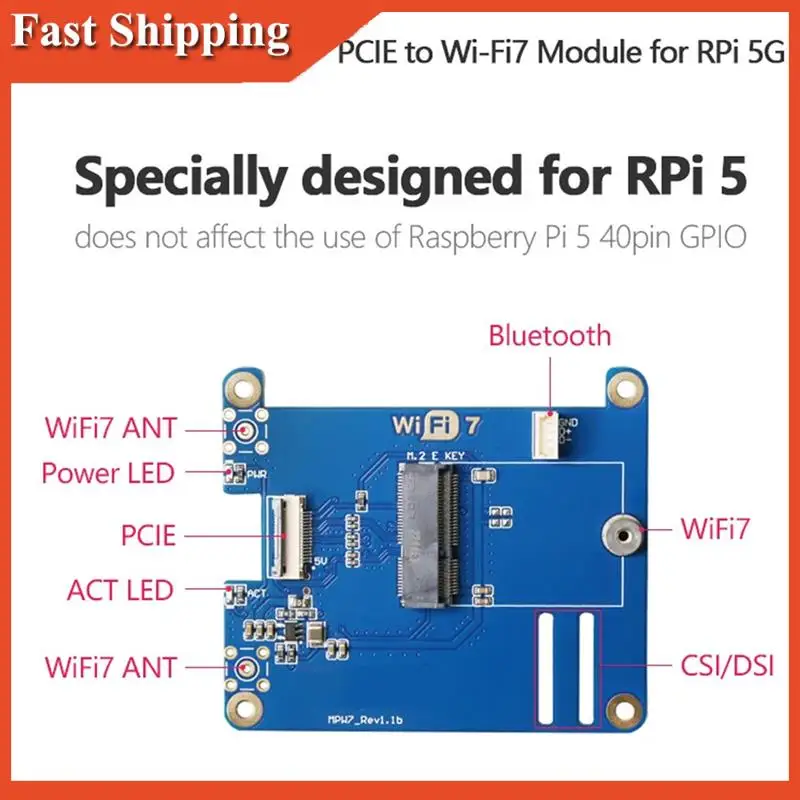 كفاءة MPW7ACA لوحدة Raspberry Pi 5 PCIE إلى M.2 E-Key Wifi7 مع حافظة BE200 Wif6e AX210، AX200