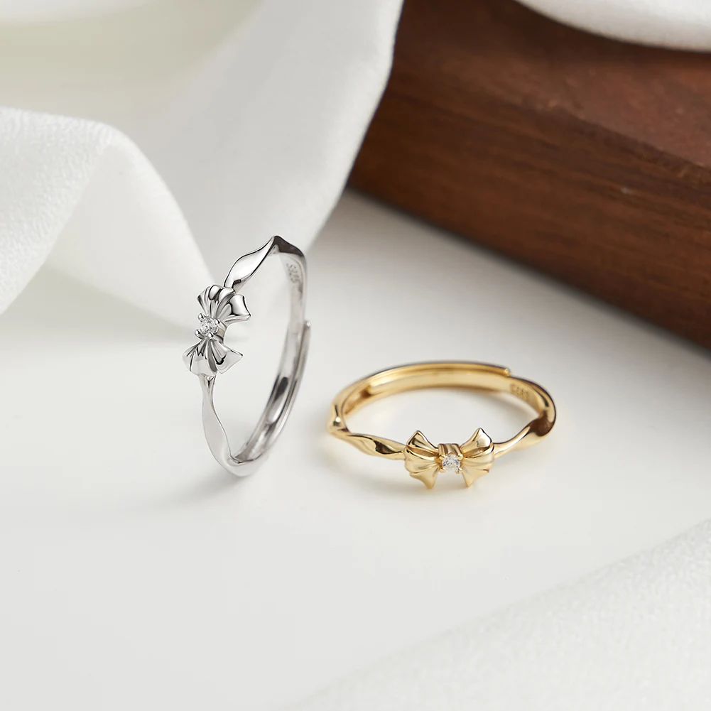 

KISS MANDY Minimalist 925 Sterling Silver Bow Rings Adjustable Party Cubic Zircon Jewelry Girls Trendy Design Fashion Gift SR330