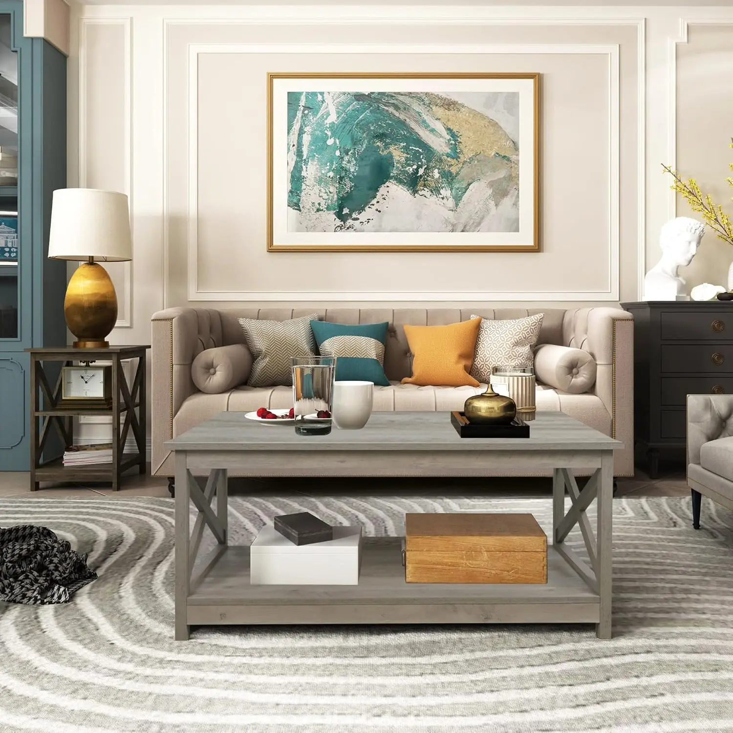 طاولة القهوة، طاولة القهوة الخشبية الحديثة للمزرعة مع مساحة تخزين من طبقتين، 40 بوصة، أثاث غرفة المعيشة البلوط المغسول