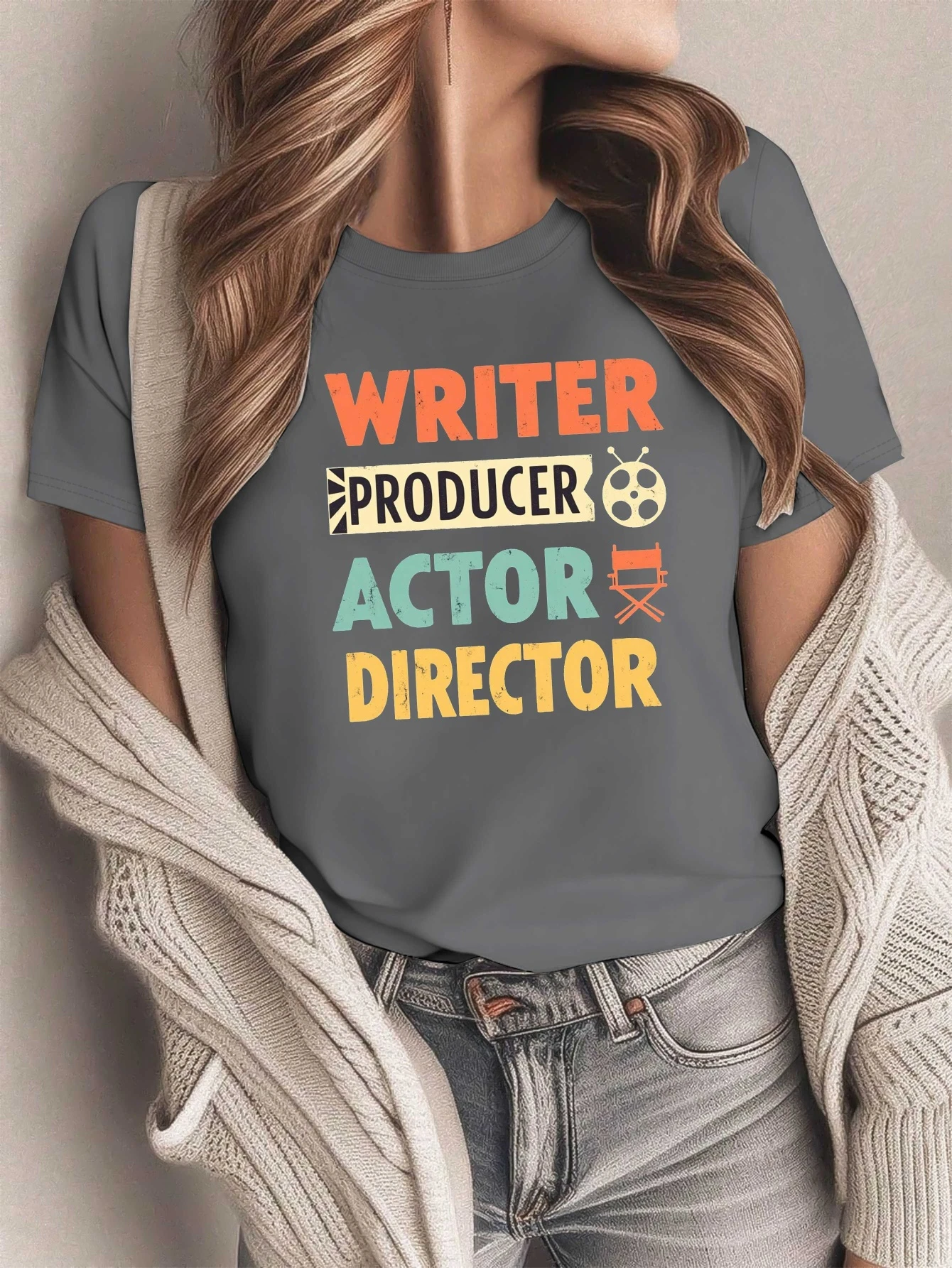 Ladies' movie team icon T-shirt, actors' short sleeved casual T-shirt, with movie and storyboard design shirts for women