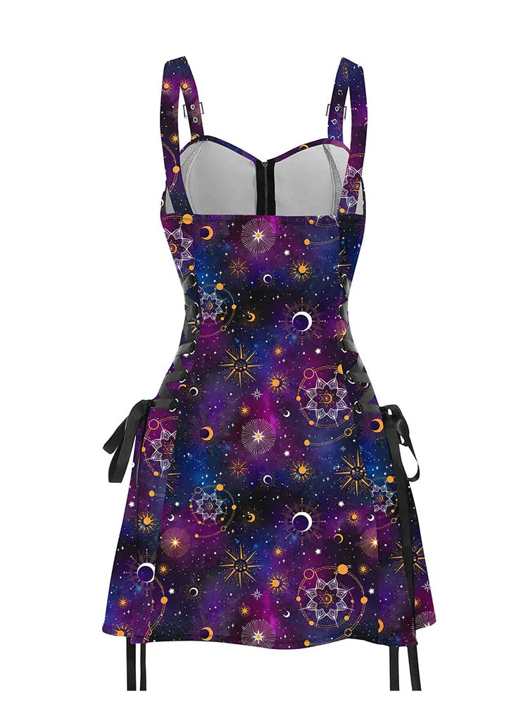 Sukienka Galaxy Sun Star Print Half Zipper sznurowana z wysokim stanem pasek i linia Mini sukienki letnie sukienki dla kobiet 2024 Sundress