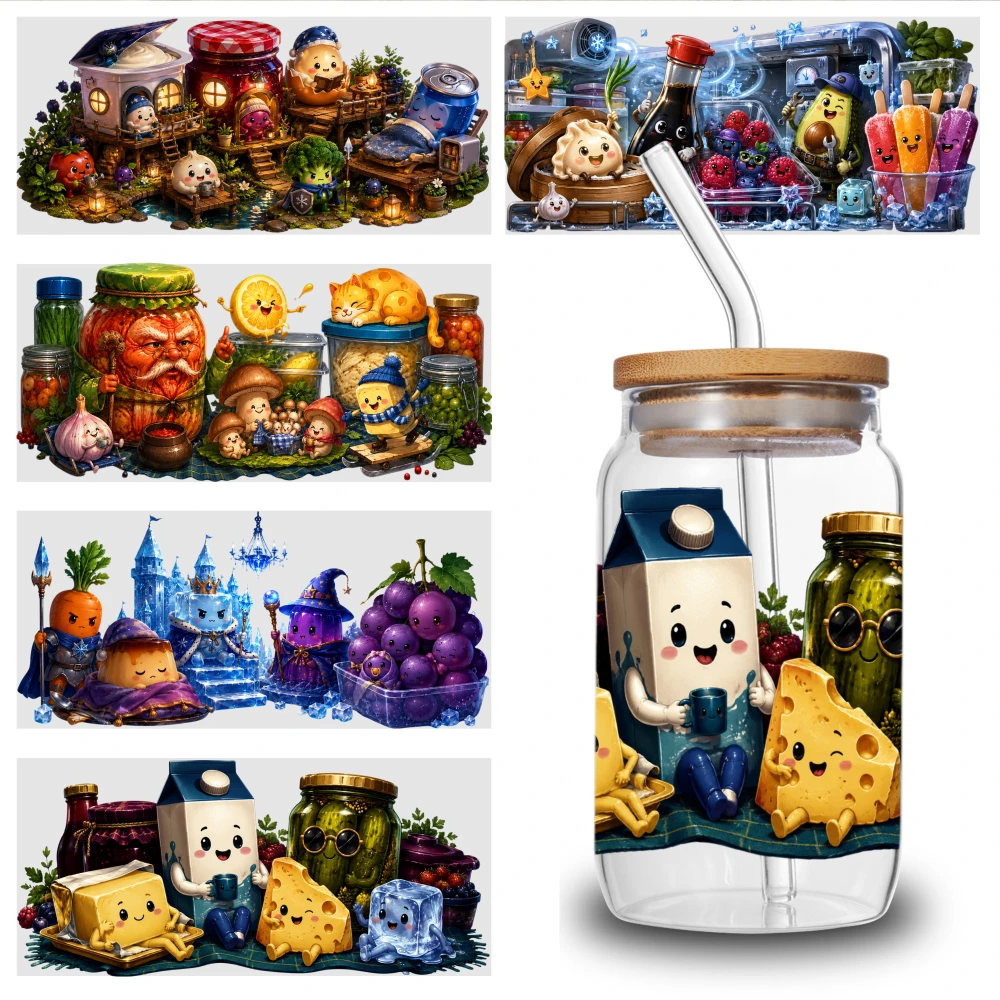 5 Sheets Cute Cartoon Food Characters UV DTF Stickers Plastic Self-Adhesive Labels UV DTF Stickers Mug Decoration Gift