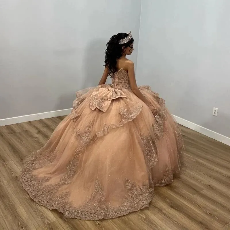 Champagne goud Quinceanera jurk prinses zoete 15-16 jaar verjaardagsfeestje jurk cadeau lange gezwollen rok optocht op maat