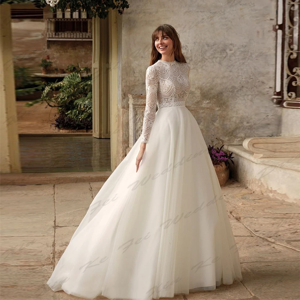 Exquisite Wedding Dresses A-Line Sweetheart High Necked Long Sleeved Lace Applique Fluffy Princess Style Bride Gowns Custom Made