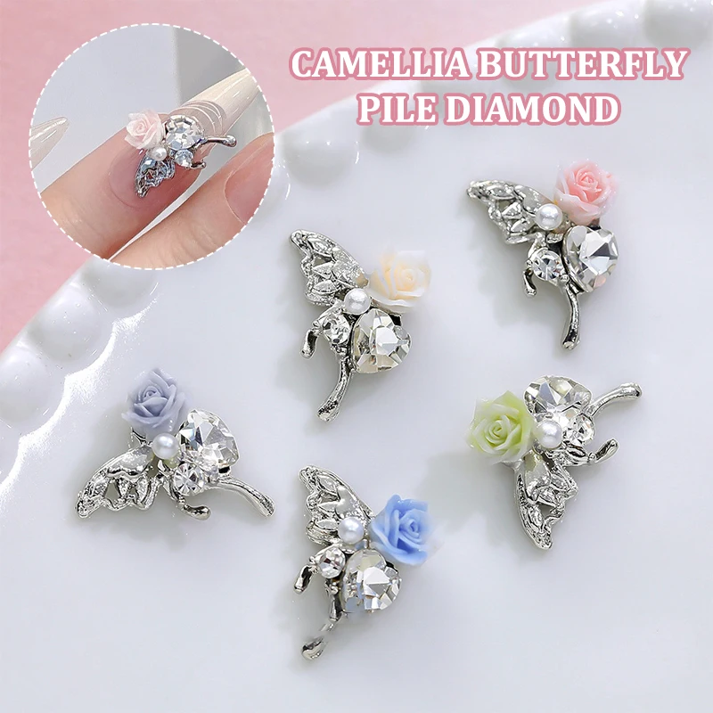 Mini Papillon 3D en Alliage de Clip, Strass en Forme de Camélia, Diamant Brcorporelle Jolie tu, Décorations Astronomiques pour Nail Art, 5 Pièces