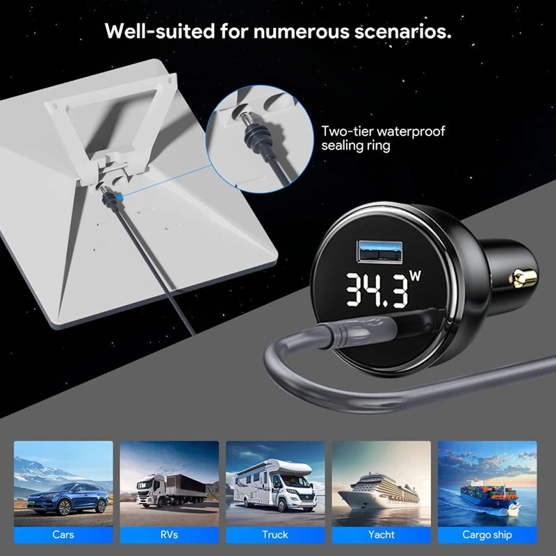 For Mini 100w 2-in-1 Car Charger with 3Meter Type-C to DC Cable LED Screen Insert the Lighter Hole-A56M