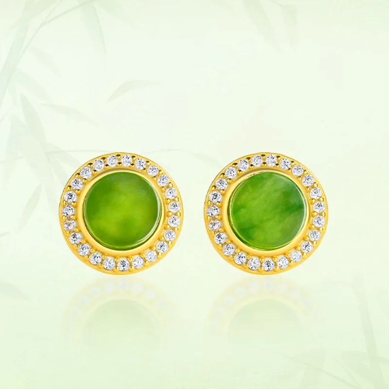 

Spinach Green Natural Old Material Hotan Jade Jasper 6mm Round Bead Earrings Female Genuine S925 Silver For Women's Jewelry