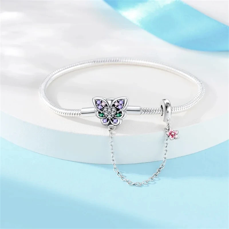 New 925 Sterling Silver Colorful Flower Butterfly Daisy Bracelets With Safety Chain Fit DIY Charms Beads Fine Birthday Jewelry