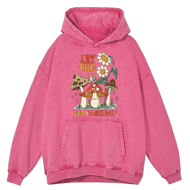 Retro Distressed Wash Let The Good Times Roll Mushroom Flower Hoody Men Hip Hop Hoodie 100% Cotton Oversized Loose Sweatshirts